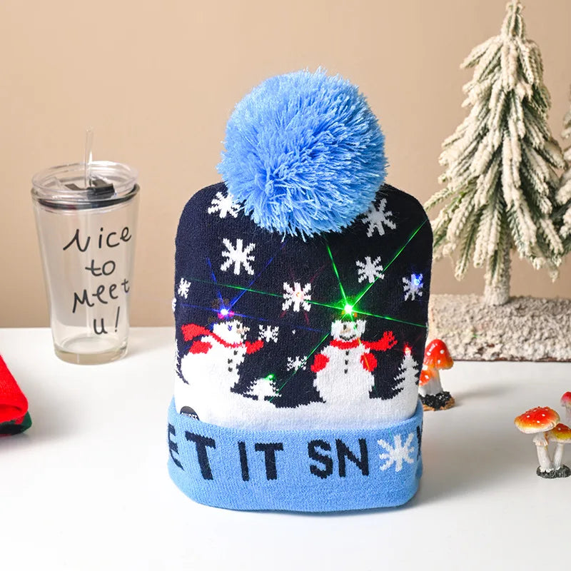 Newest 2/1PC LED Christmas Knitted Hat Light Up Xmas Beanie Cap Unisex Winter Beanie Sweater Hat Colorful LED Christmas New Year