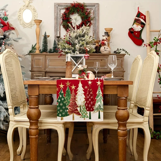 1 Piece Christmas Table Runner - Rectangular Holiday Table Decoration, Red Christmas Tree Design, Suitable for Holiday Dining