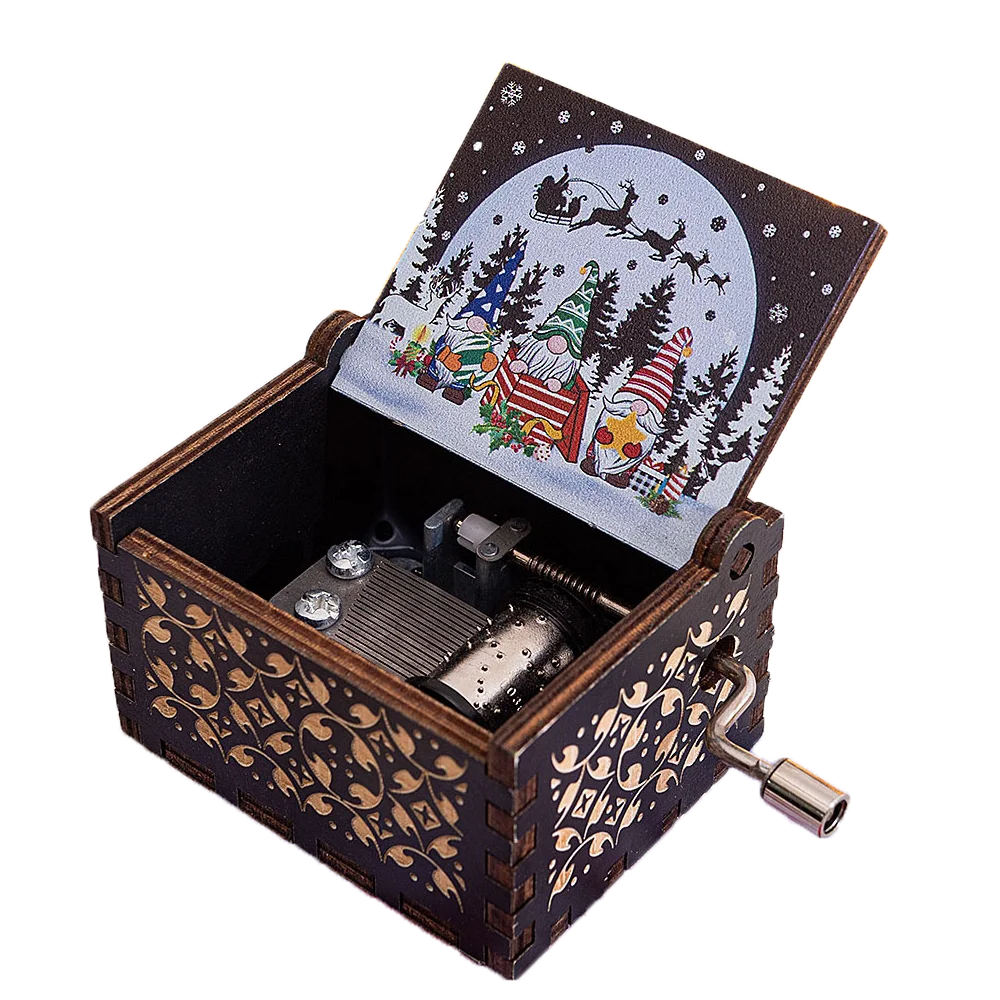 Merry Christmas Wooden Music Box Hand Cranked Movement Christmas Gifts for Children Birthday Present Home Office Decoration