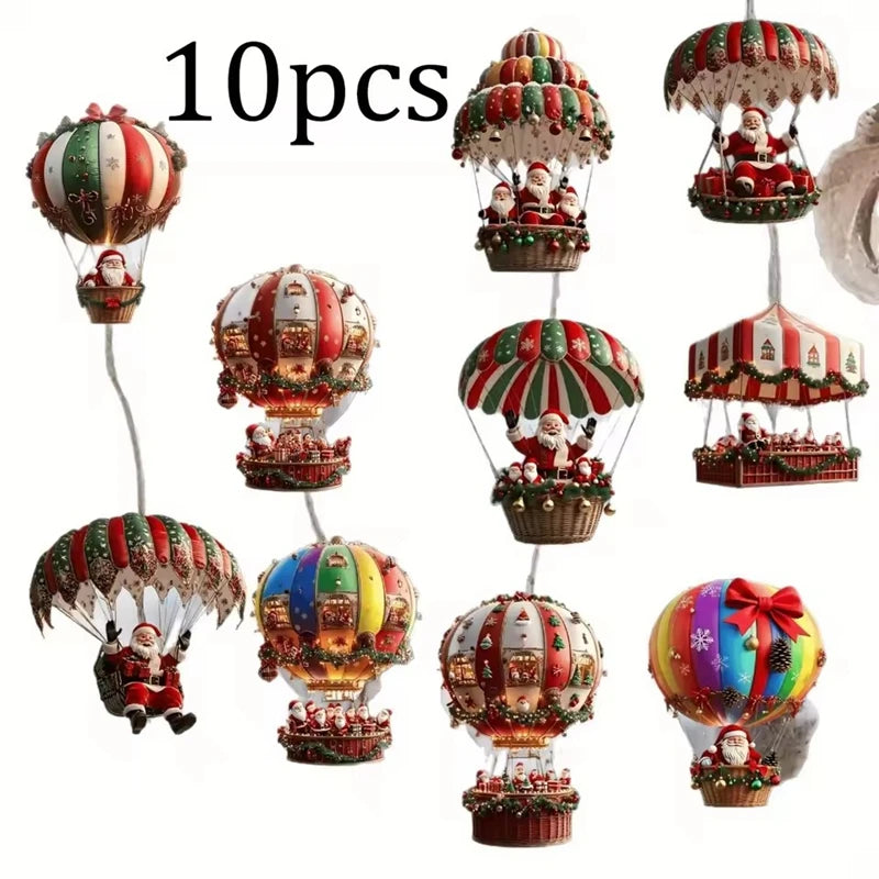 10/20Pcs Christmas Wooden Hot Air Balloon Santa Claus 2D Flat Wooden Pendant Christmas Tree Decoration Holiday Gift Decor