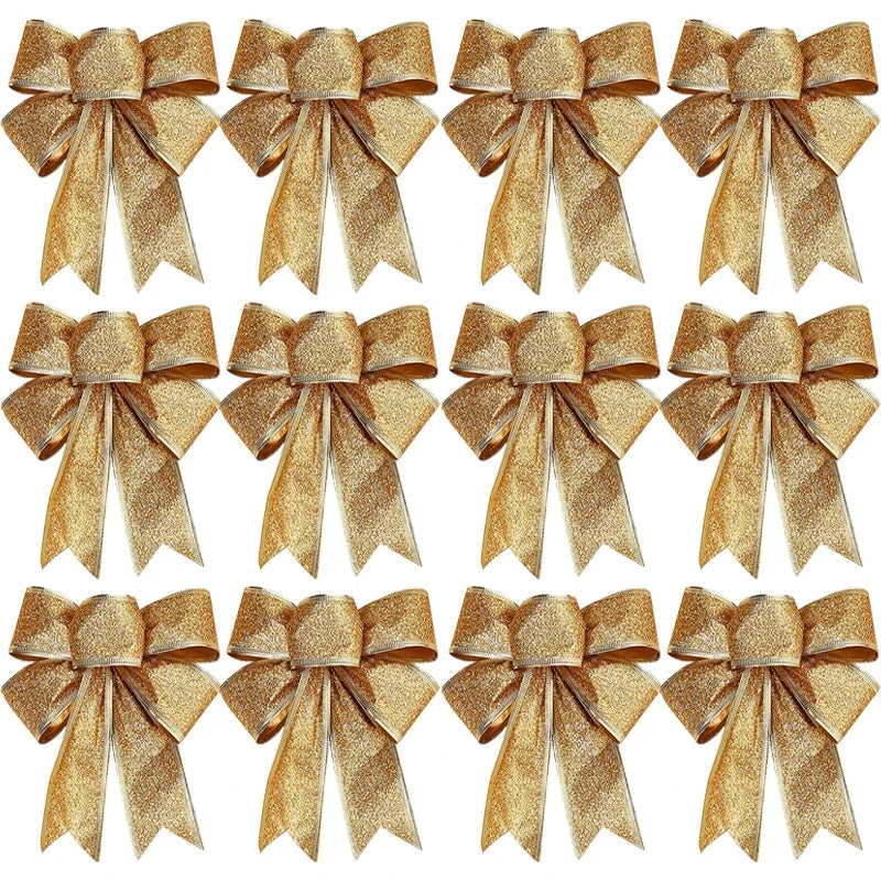Christmas Bow Ornaments Xmas Tree Glitter Craft Bowknot Xmas Wreath Garland Decorative Ribbon Shiny Bows Christmas Decoration