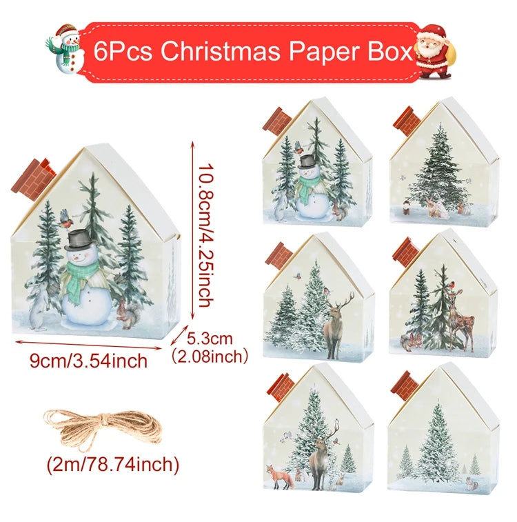 6Pcs Merry Christmas 2025 Gift Bags House Shape Kraft Paper Candy Cookie Bags Packaging Boxes Christmas Tree Pendant Party Decor