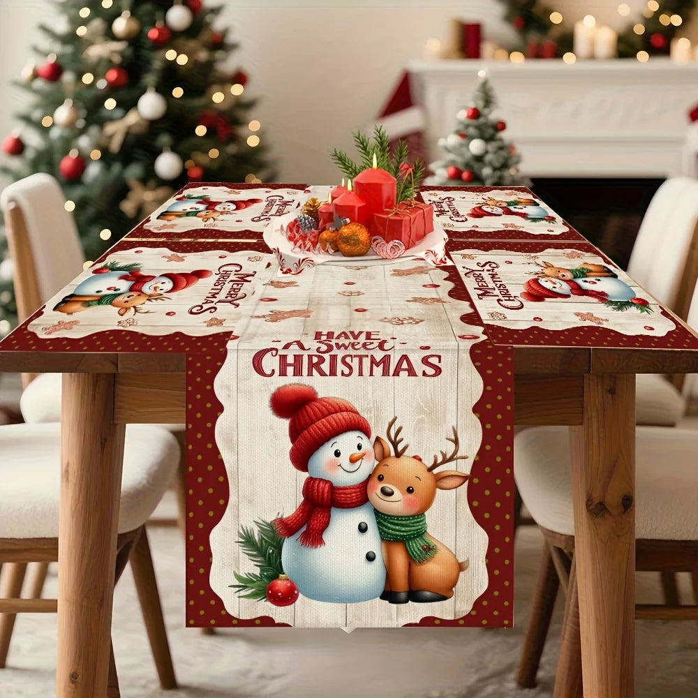 JIT Christmas Snowman Deer Printed Table Runner 2D Flat Print Festive Home Decor Christmas Dining Table Decoration Cute Charming