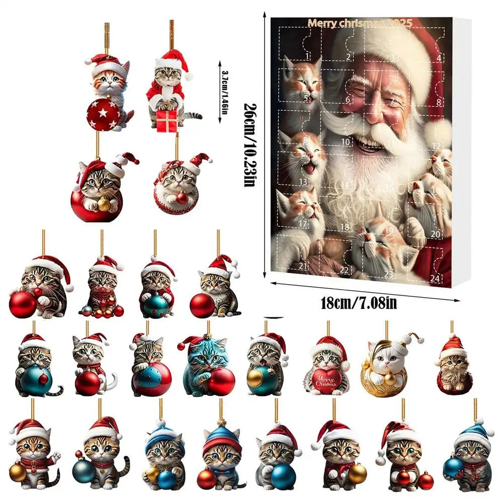24 Piece Cat Christmas Advent Calendar Set - 2D Acrylic Cute Kitten Ornaments for Tree, Window, Wall, Door, Car Rearview Mirror