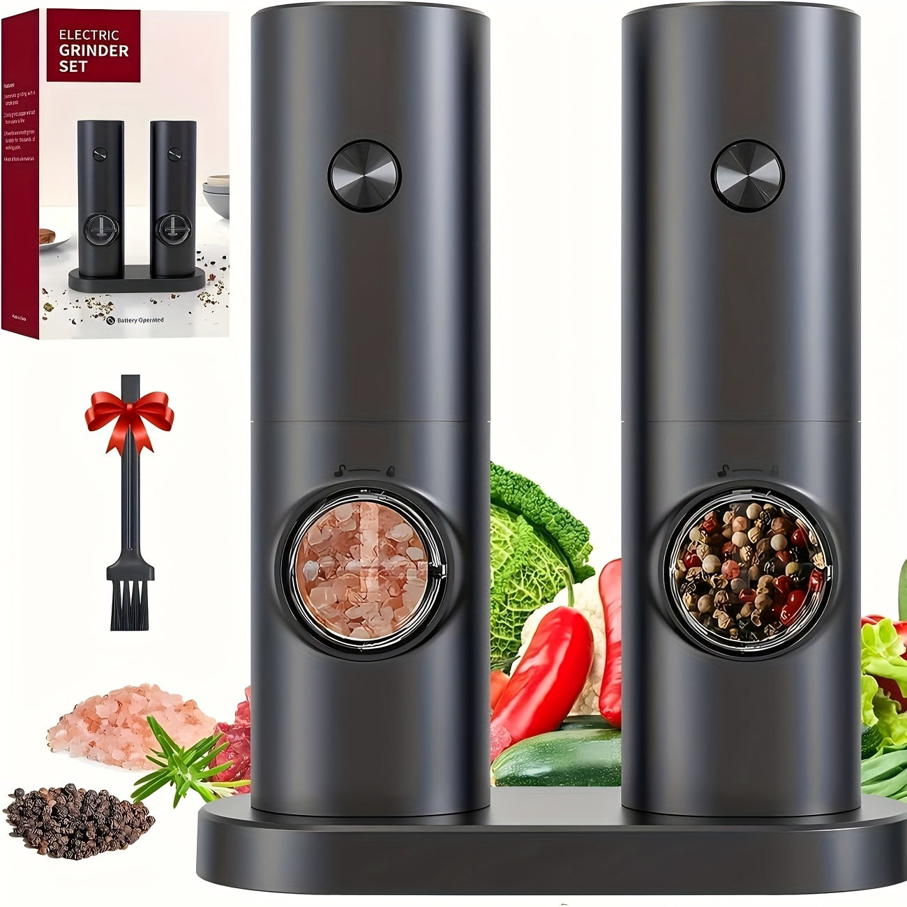[1-Piece/2-Piece Option] Electric Salt & Pepper Grinder Set - Battery Powered (Batteries Not Included). Dual-Pack with Stand, Practical White LED Light. Adjustable Coarseness