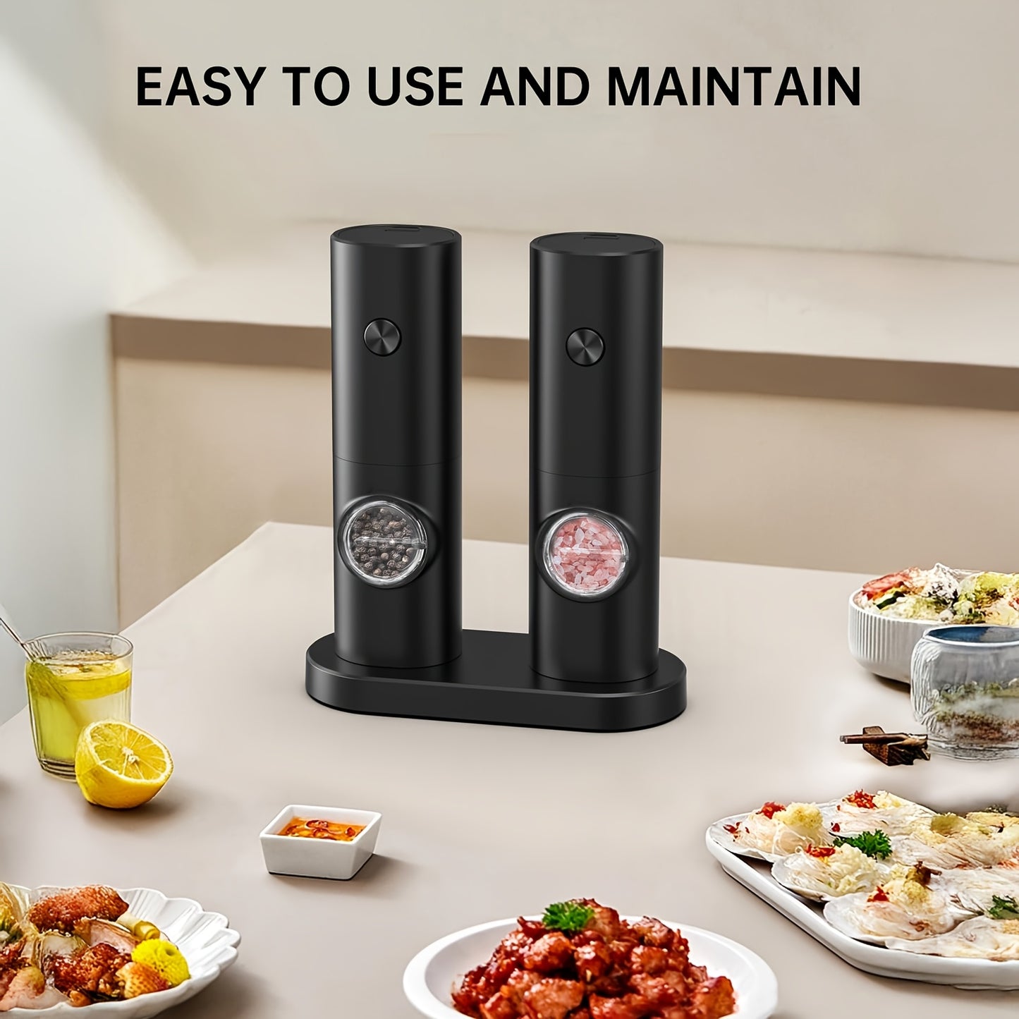 [1-Piece/2-Piece Option] Electric Salt & Pepper Grinder Set - Battery Powered (Batteries Not Included). Dual-Pack with Stand, Practical White LED Light. Adjustable Coarseness