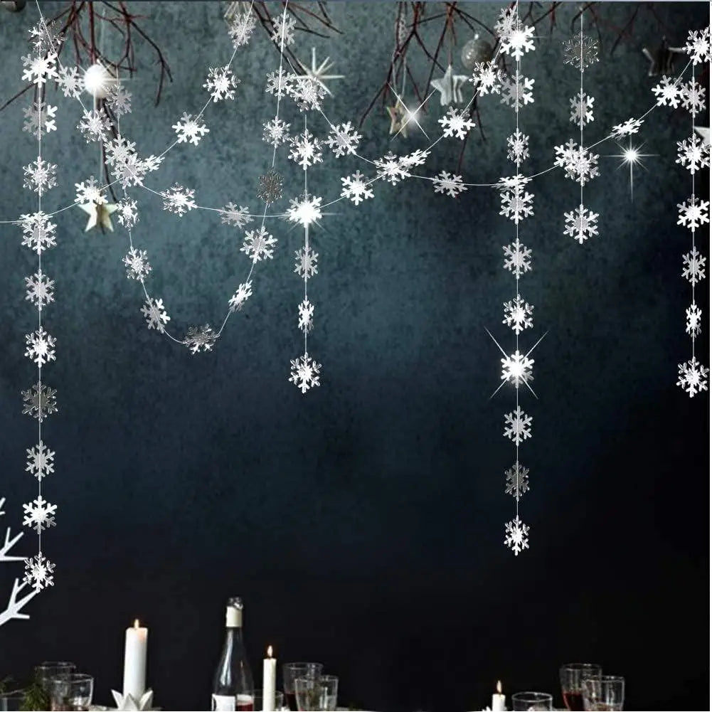 4M Silver Gold Snowflake Garlands for Christmas Tree Hanging Decor Winter Wonderland Party Fake Snow Decoration Paper Streamers