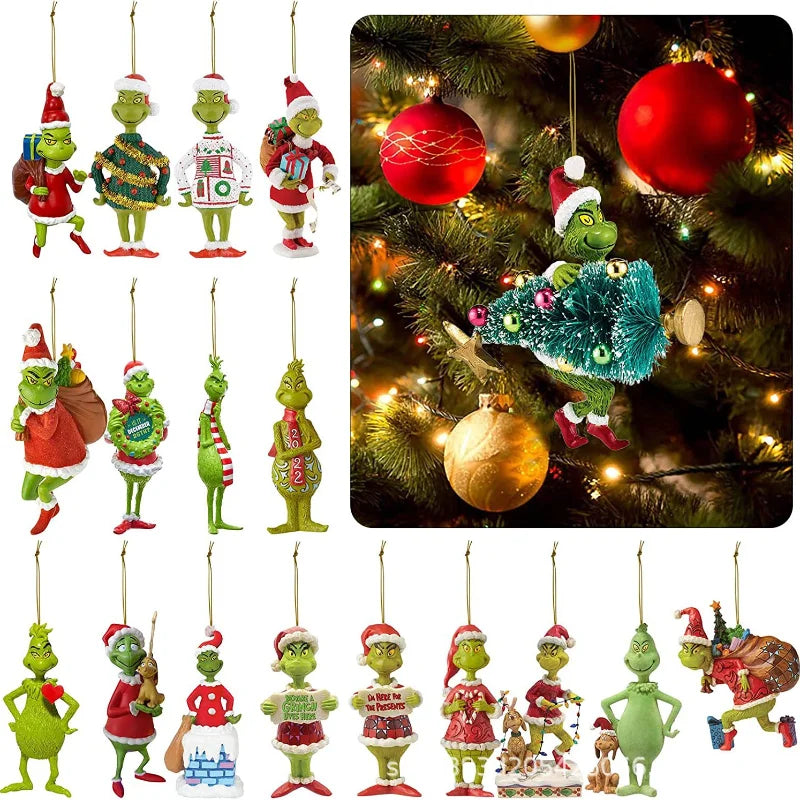 18Pcs 2D Acrylic Christmas Tree Green Monsters Ornaments Cute Green Monsters Christmas Tree Pendants Christmas Cartoon Ornaments