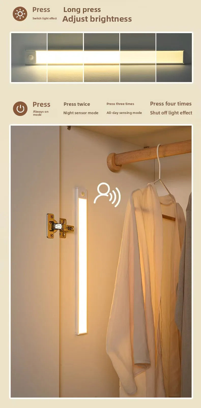 LED Motion Sensing Light Wireless USB Rechargeable Motion Detection Suitable for Kitchen Wardrobe Corridor and Staircase Lights