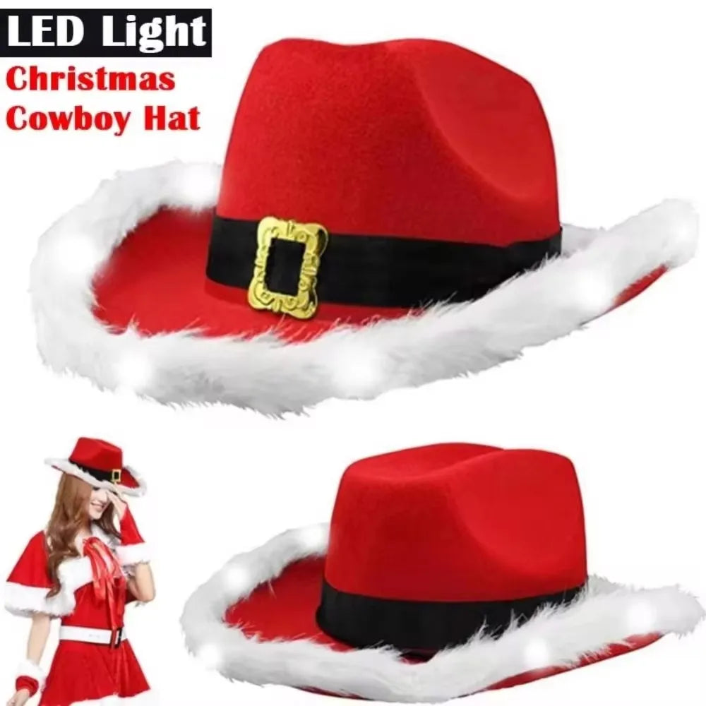 Fashion Santa Claus Party Christmas Luminous Cowboy Hat Western Red Felt Hats Wide Brim Cowgirl Hat Jazz Hat for Women Men