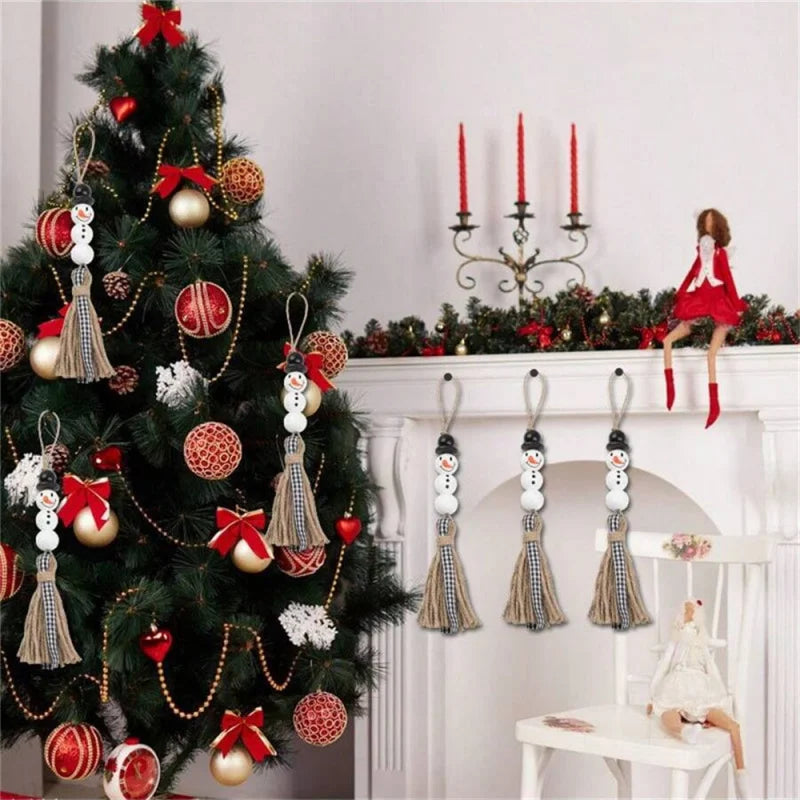50 Pcs Christmas Snowman Wooden Beads DIY Craft Kit, Festive Decoration Set with Jute Rope, Perfect for Holiday Parties & Gifts