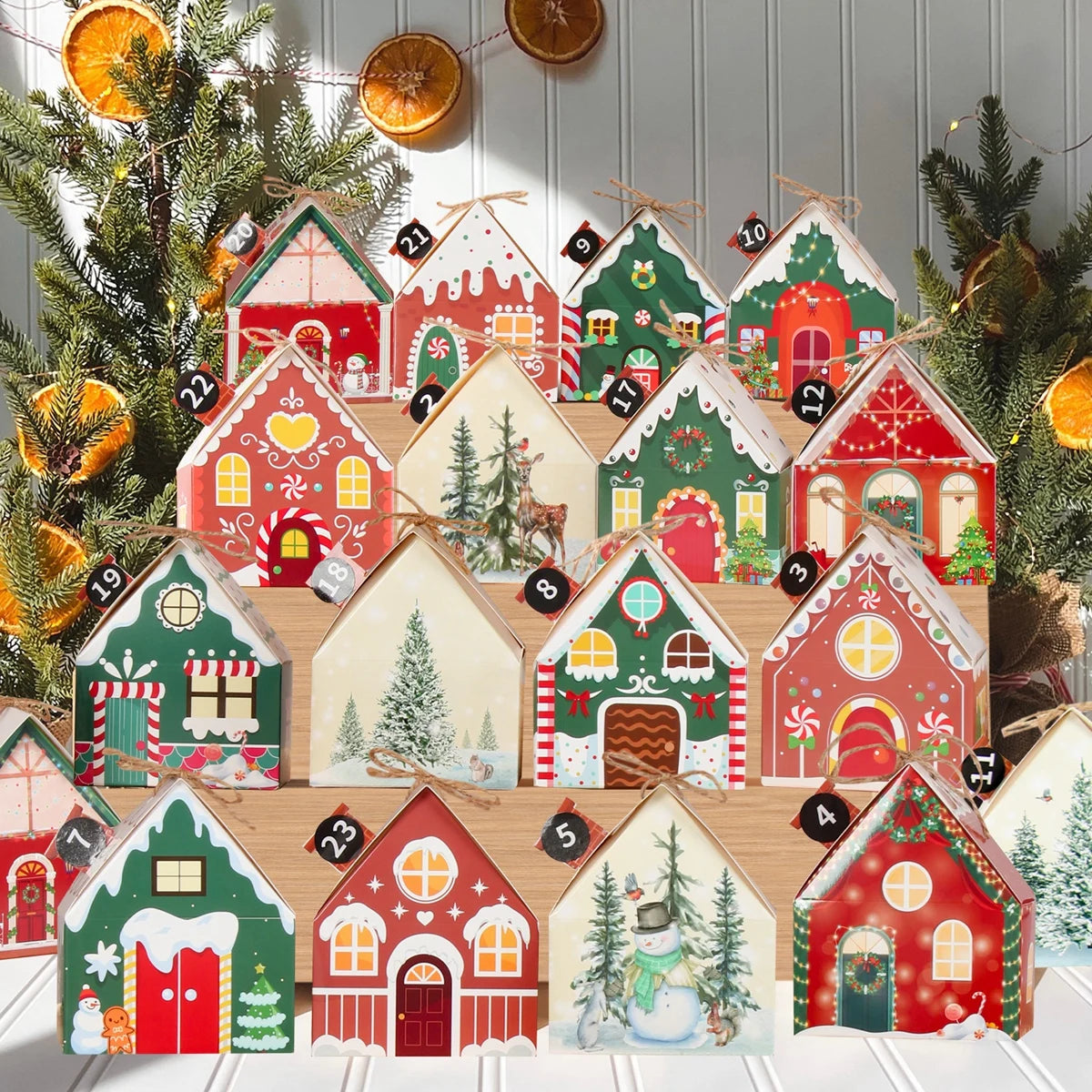 6Pcs Merry Christmas 2025 Gift Bags House Shape Kraft Paper Candy Cookie Bags Packaging Boxes Christmas Tree Pendant Party Decor