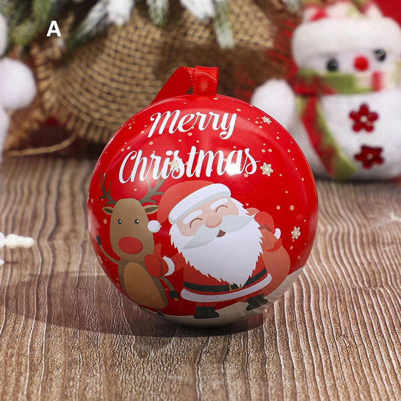 Christmas Round Ball Box Tinplate Candy Box Christmas Tree Decorations Candy Jar Xmas Tree Hanging Ball Candy Cans Kids Gift