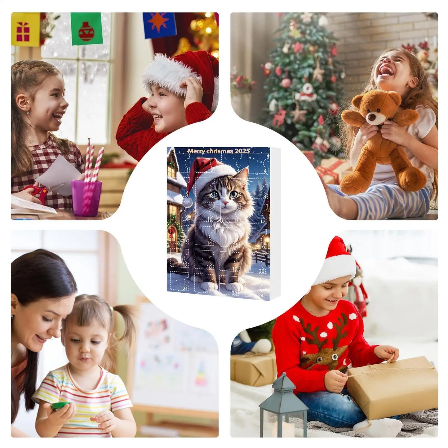 24 Piece Cat Christmas Advent Calendar Set - 2D Acrylic Cute Kitten Ornaments for Tree, Window, Wall, Door, Car Rearview Mirror