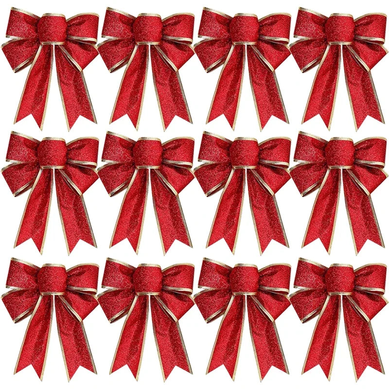 Christmas Bow Ornaments Xmas Tree Glitter Craft Bowknot Xmas Wreath Garland Decorative Ribbon Shiny Bows Christmas Decoration