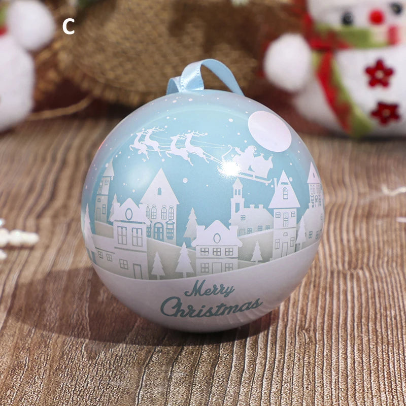 Christmas Round Ball Box Tinplate Candy Box Christmas Tree Decorations Candy Jar Xmas Tree Hanging Ball Candy Cans Kids Gift