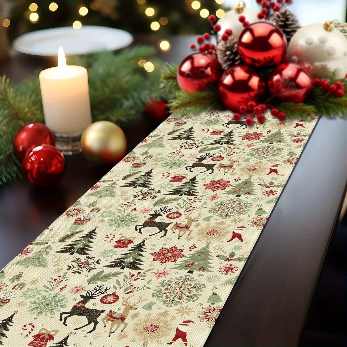 Festive Christmas Table Runner | Reindeer, Pine Trees & Snowflakes Design |Ideal for Dining Room , Holiday Dining Table Settings