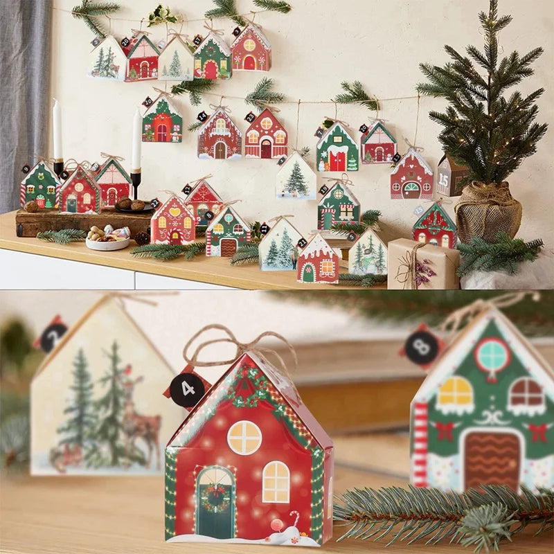 6Pcs Merry Christmas 2025 Gift Bags House Shape Kraft Paper Candy Cookie Bags Packaging Boxes Christmas Tree Pendant Party Decor