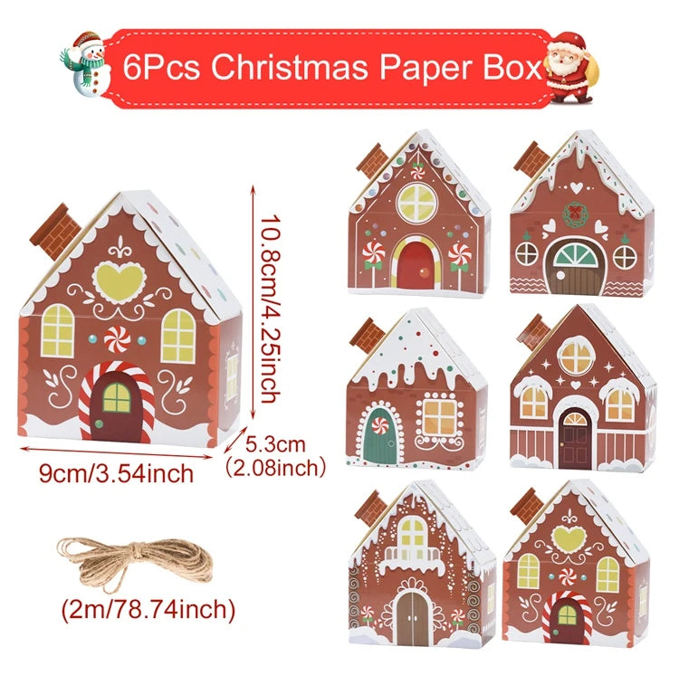 6Pcs Merry Christmas 2025 Gift Bags House Shape Kraft Paper Candy Cookie Bags Packaging Boxes Christmas Tree Pendant Party Decor