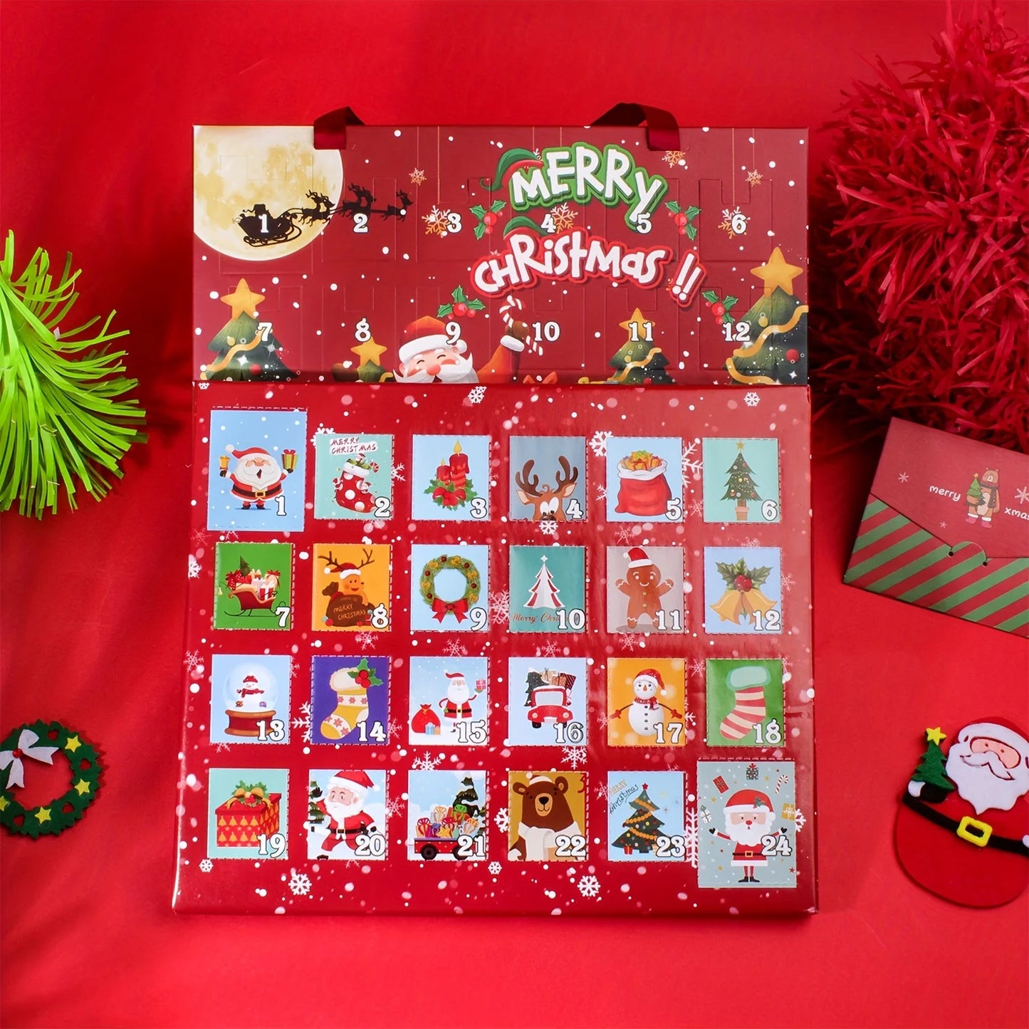 Portable portable Christmas countdown gift box, 24-day advent calendar, including Santa Claus, snowflakes, snowman pendants,