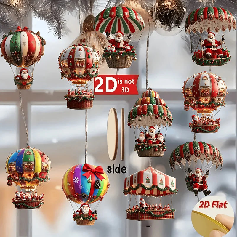 10/20Pcs Christmas Wooden Hot Air Balloon Santa Claus 2D Flat Wooden Pendant Christmas Tree Decoration Holiday Gift Decor