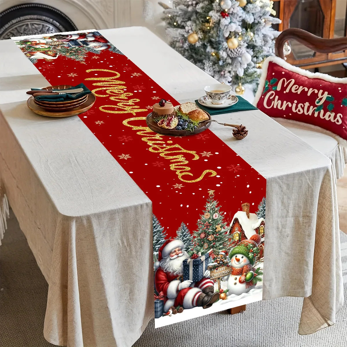 Red Christmas Santa Snowman Table Runner Christmas Decorations for Home 2025 Xmas Table Decor Navidad Noel New Year 2026 Gifts