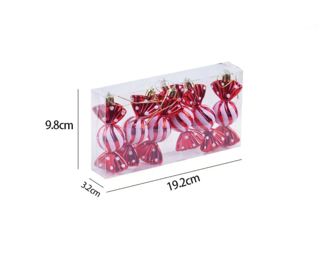 Christmas tree decorations, snowmen, faceless Santa Claus, candy sticks, colorful balls, small houses, Christmas atmosphere deco