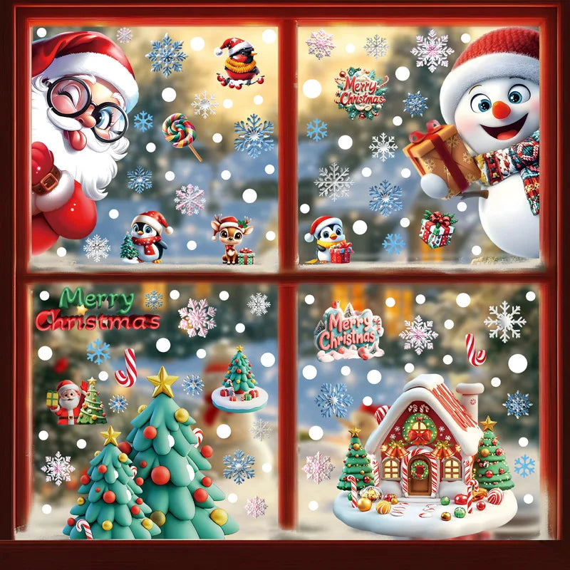 Christmas Festive PVC Static Glass Stickers Snowman Santa Tree–No Glue, Reusable Xmas Decor for Home, Party & Store Windows