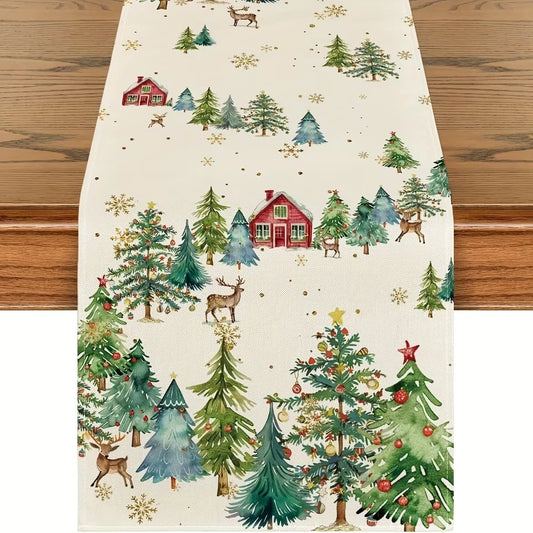 Christmas Tree Table Runner with Cedar Snowflake Print, Woven Linen Winter Theme for Indoor Outdoor Dining Home Decor