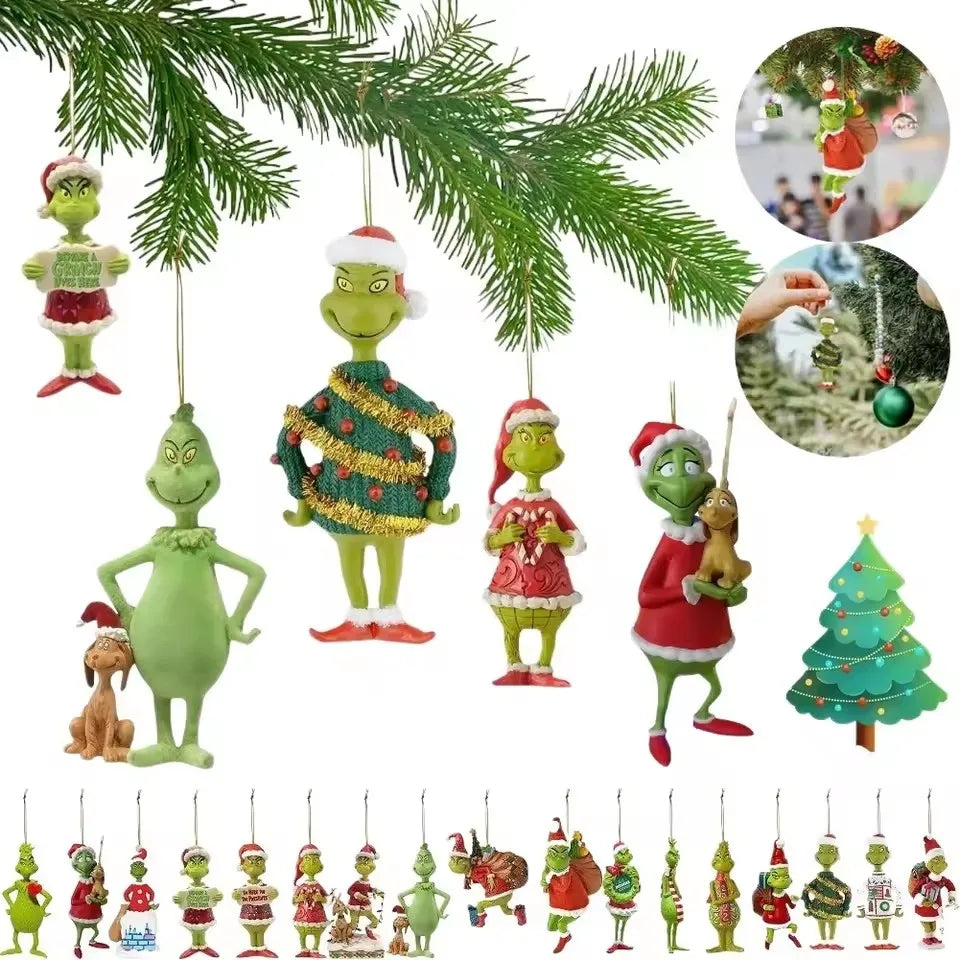 18Pcs 2D Acrylic Christmas Tree Green Monsters Ornaments Cute Green Monsters Christmas Tree Pendants Christmas Cartoon Ornaments
