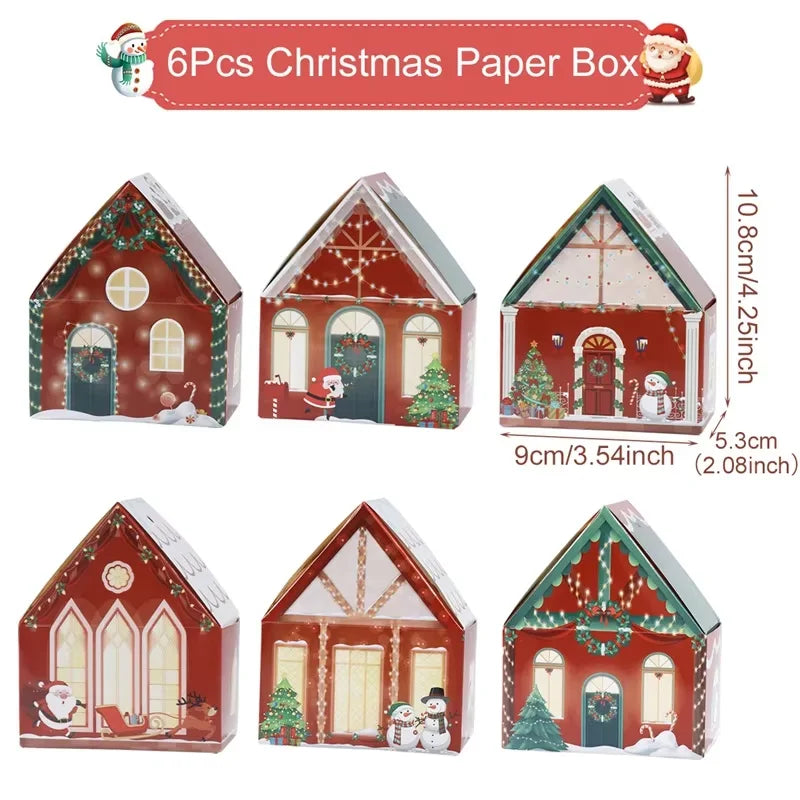 6Pcs Merry Christmas 2025 Gift Bags House Shape Kraft Paper Candy Cookie Bags Packaging Boxes Christmas Tree Pendant Party Decor