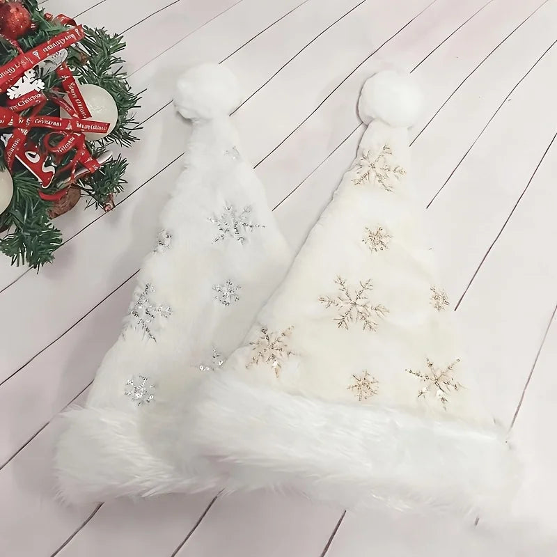 White snowflake Christmas hat, Christmas decoration, fuzzy golden embroidered Christmas hat, Christmas festival costume,gift bag