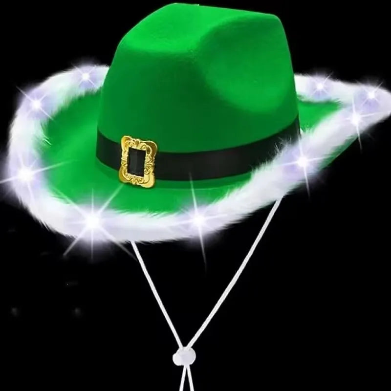 Fashion Santa Claus Party Christmas Luminous Cowboy Hat Western Red Felt Hats Wide Brim Cowgirl Hat Jazz Hat for Women Men