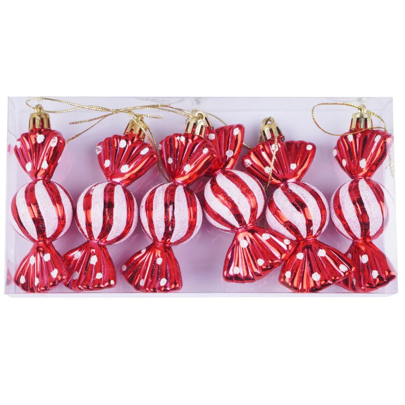 Christmas tree decorations, snowmen, faceless Santa Claus, candy sticks, colorful balls, small houses, Christmas atmosphere deco