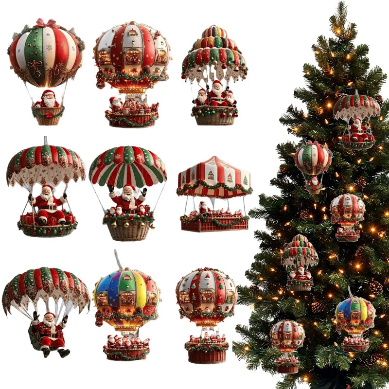 10/20Pcs Christmas Wooden Hot Air Balloon Santa Claus 2D Flat Wooden Pendant Christmas Tree Decoration Holiday Gift Decor