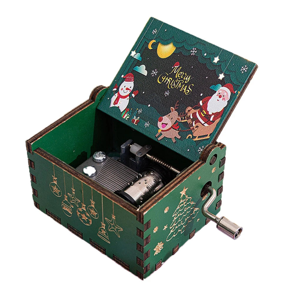 Merry Christmas Wooden Music Box Hand Cranked Movement Christmas Gifts for Children Birthday Present  Home Office Decoration