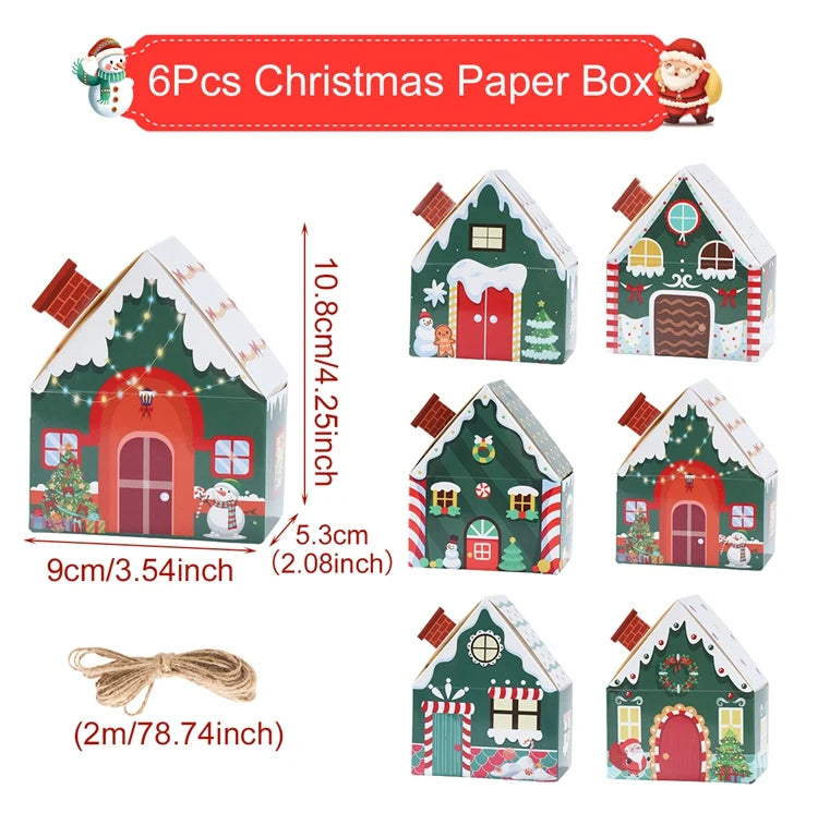 6Pcs Merry Christmas 2025 Gift Bags House Shape Kraft Paper Candy Cookie Bags Packaging Boxes Christmas Tree Pendant Party Decor