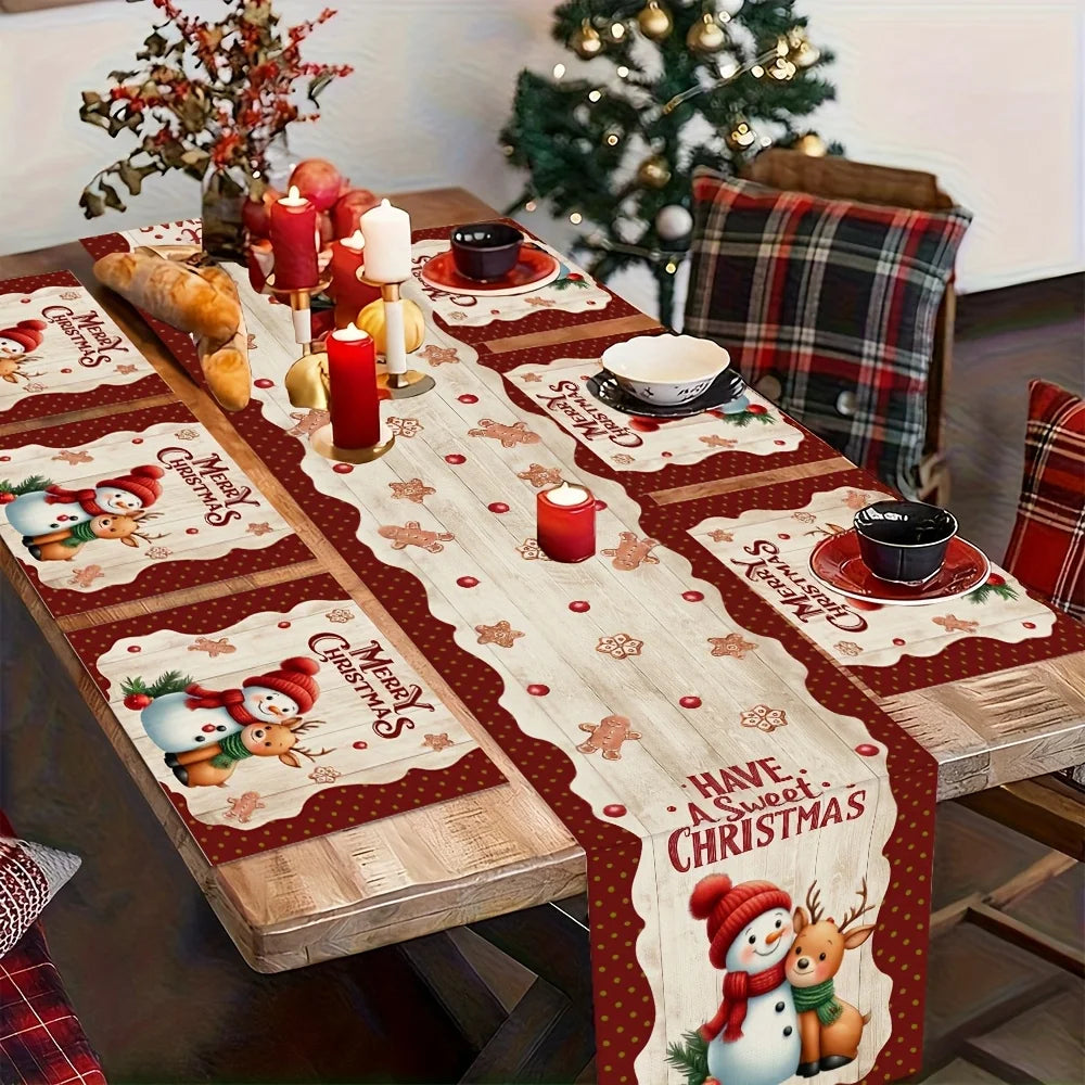 JIT Christmas Snowman Deer Printed Table Runner 2D Flat Print Festive Home Decor Christmas Dining Table Decoration Cute Charming