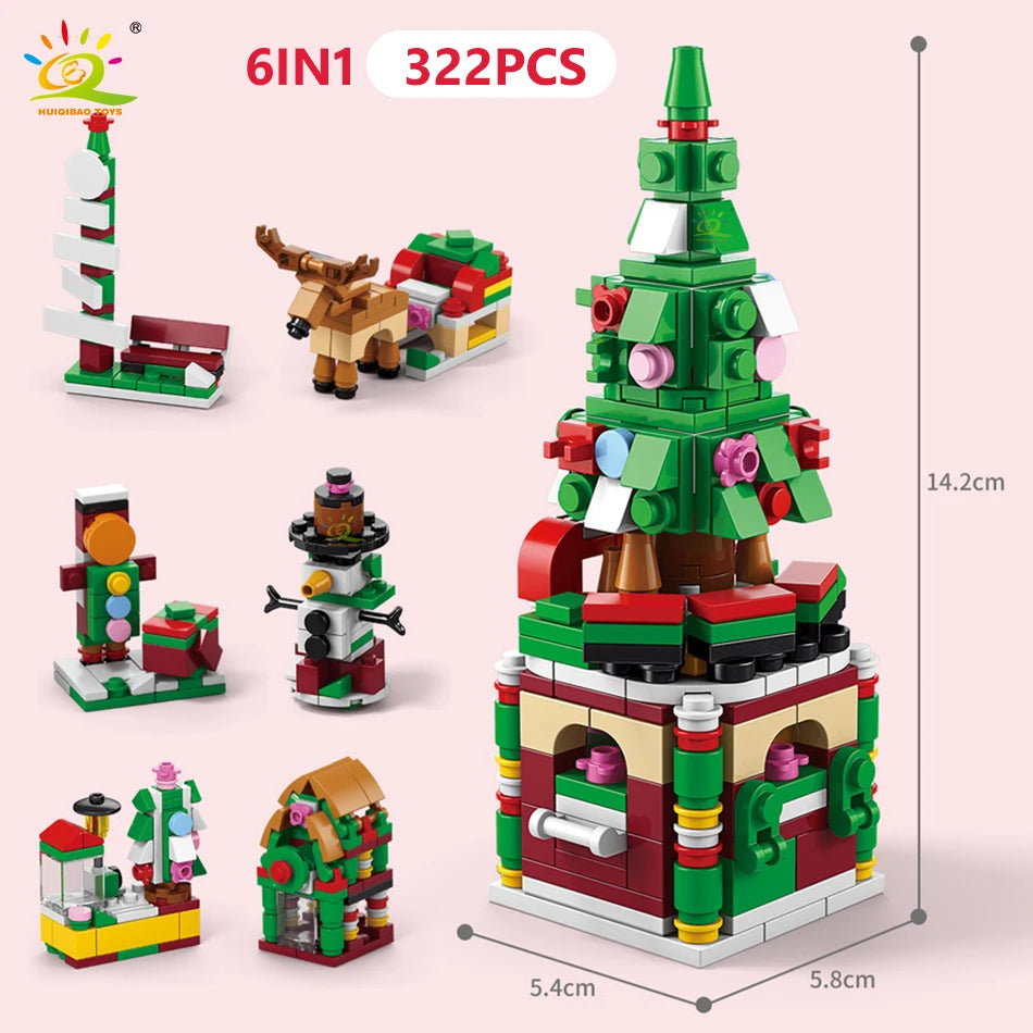 HUIQIBAO 6IN1 Christmas Elk Deer Santa Claus Building Blocks City Snow House Xmas Tree Bricks Set Toys for Children Kids Gift