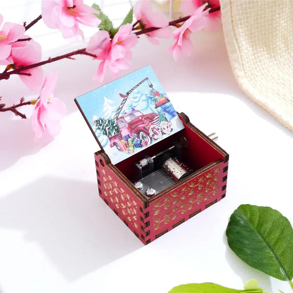 Merry Christmas Series Music Box Wooden Antique Carved Hand Cranked Classic Theme Music for Birthday Party Gifts Family Decor