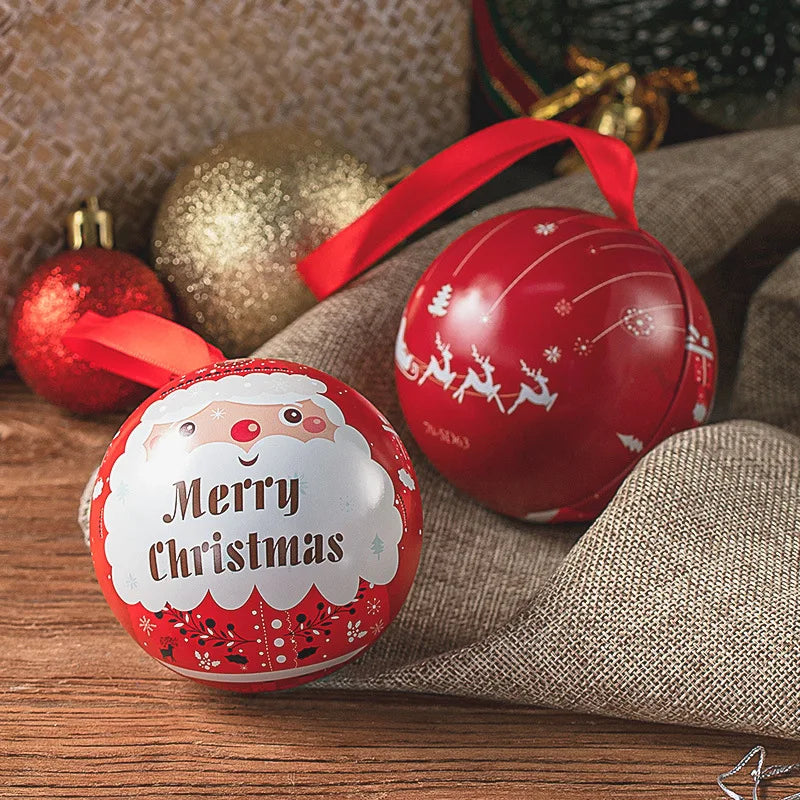Creative Christmas Candy Box Tin Round Ball Shaped for Kids Gift Packaging Box DIY Xmas Tree Hanging Decoration Party Supplies
