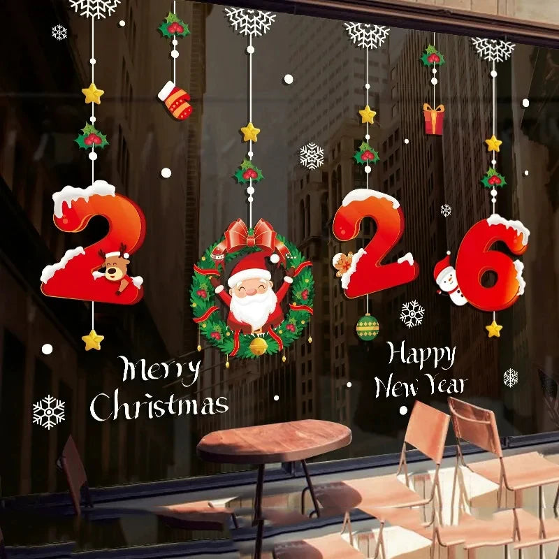 2026 Happy New Year Christmas Decorative Sticker Glass Window Static Sticker Merry Xmas Shopping Center Shop Decorative Sticker