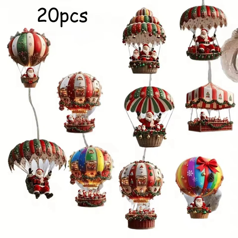 10/20Pcs Christmas Wooden Hot Air Balloon Santa Claus 2D Flat Wooden Pendant Christmas Tree Decoration Holiday Gift Decor