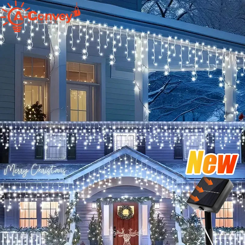 Solar LED Eaves Icicle String Lights 8 Lighting Modes Outdoor Waterproof Christmas Decorations Fairy Lights for Yard Garden