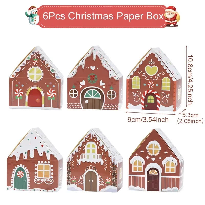 6Pcs Merry Christmas 2025 Gift Bags House Shape Kraft Paper Candy Cookie Bags Packaging Boxes Christmas Tree Pendant Party Decor