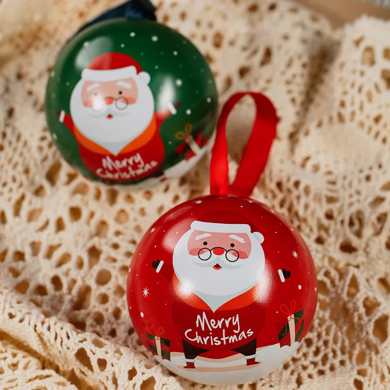 Christmas Round Ball Box Tinplate Candy Box Christmas Tree Decorations Candy Jar Xmas Tree Hanging Ball Candy Cans Kids Gift