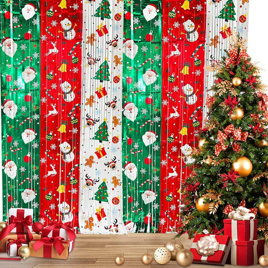 1pc 1x2M Merry Christmas Foil Fringe Curtains Xmas Theme Background Tassel Green Red Rain Curtain Photo Booth Decor Party Supply