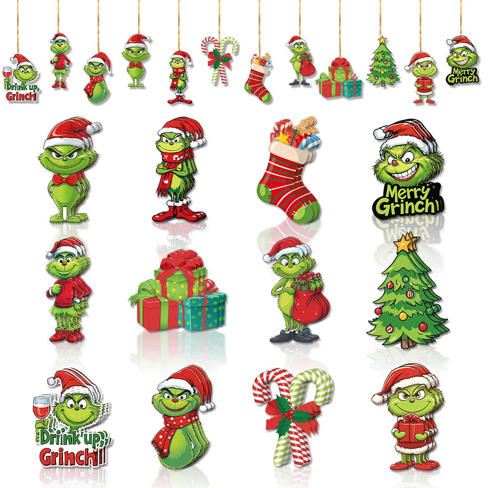 18Pcs 2D Acrylic Christmas Tree Green Monsters Ornaments Cute Green Monsters Christmas Tree Pendants Christmas Cartoon Ornaments
