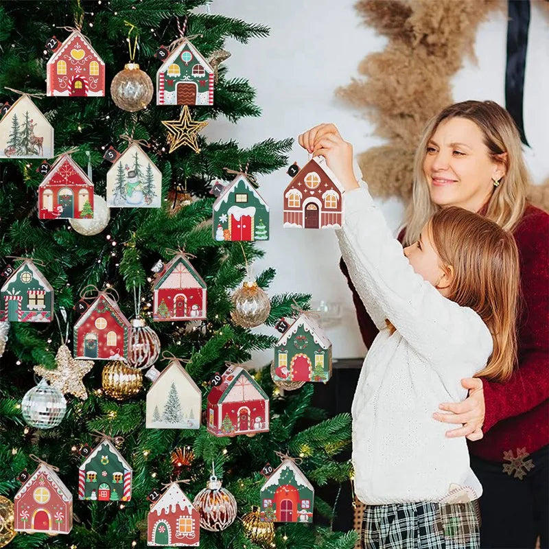 6Pcs Merry Christmas 2025 Gift Bags House Shape Kraft Paper Candy Cookie Bags Packaging Boxes Christmas Tree Pendant Party Decor