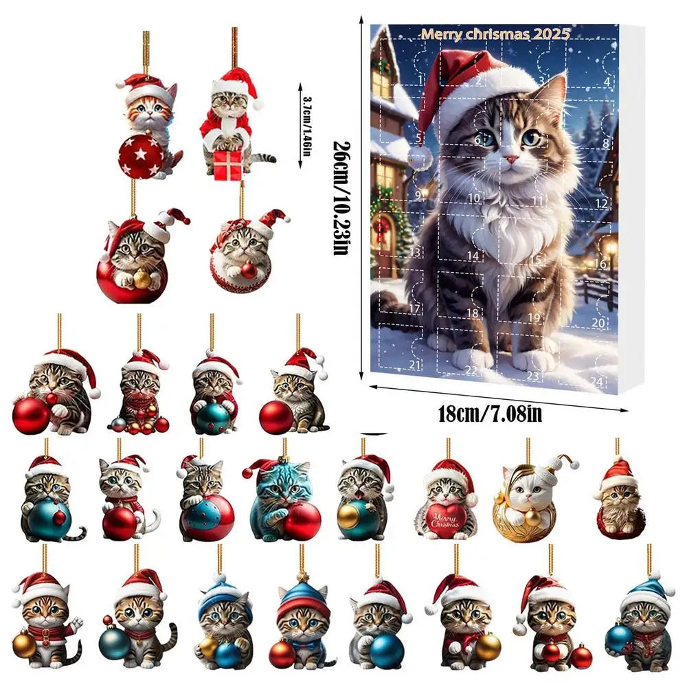 24 Piece Cat Christmas Advent Calendar Set - 2D Acrylic Cute Kitten Ornaments for Tree, Window, Wall, Door, Car Rearview Mirror